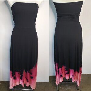 Black Pink Fire Tie Dye Long Assymetrical Boho Halter Dress